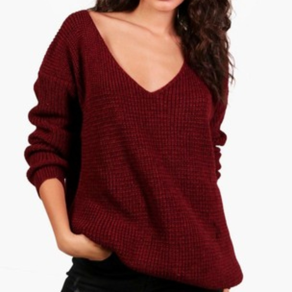 Red Oversized V Neck Sweater